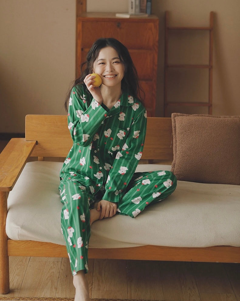 Green Cotton Pajama Set with Apple Dog Print – Cute Long & Short Sleeve Sleepwear