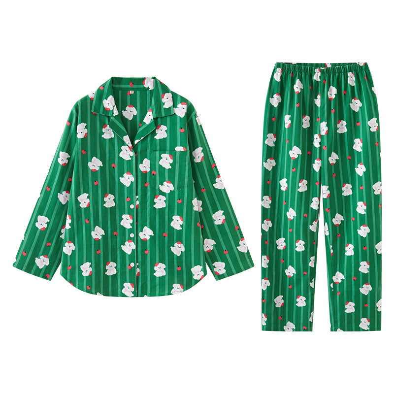 Green Cotton Pajama Set with Apple Dog Print – Cute Long & Short Sleeve Sleepwear