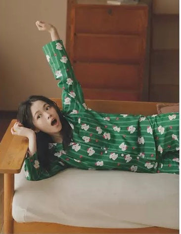 Green Cotton Pajama Set with Apple Dog Print – Cute Long & Short Sleeve Sleepwear