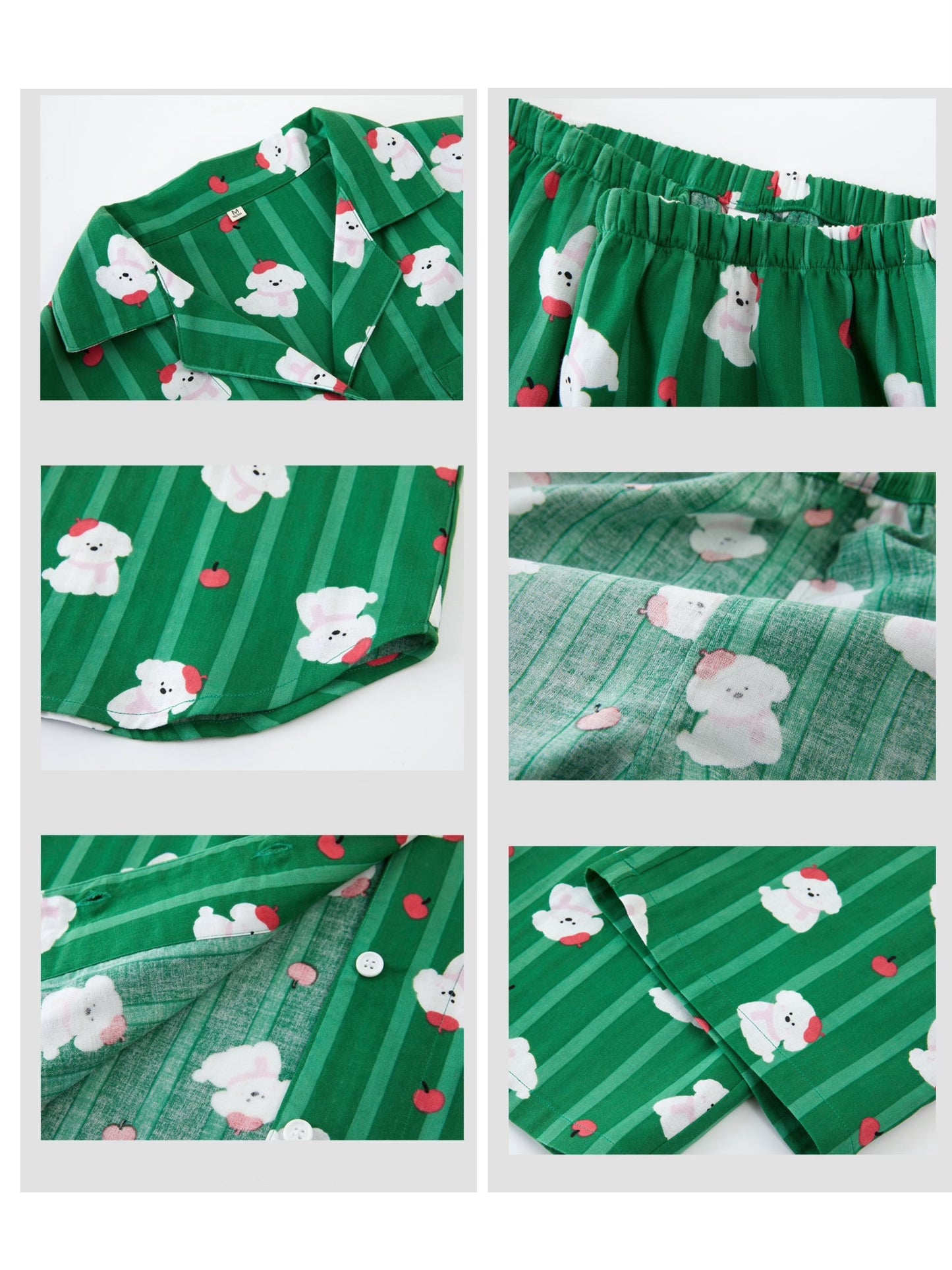 Green Cotton Pajama Set with Apple Dog Print – Cute Long & Short Sleeve Sleepwear