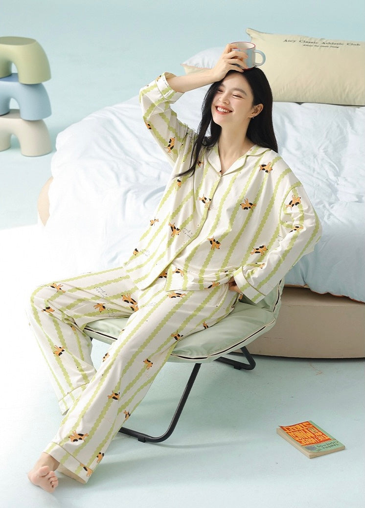 Green Striped Cotton Pajama Set – Cute Puppy Print Long Sleeve Sleepwear for Women