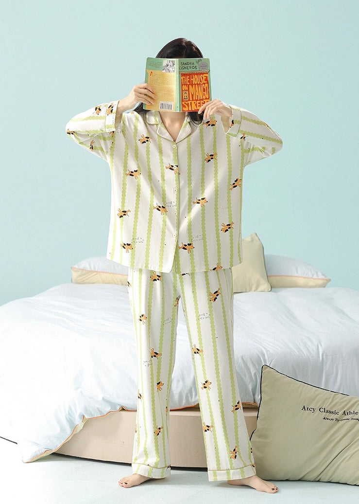 Green Striped Cotton Pajama Set – Cute Puppy Print Long Sleeve Sleepwear for Women