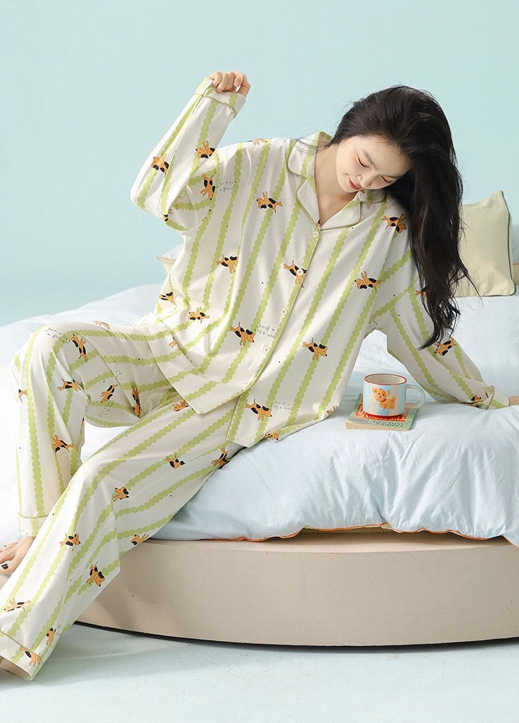 Green Striped Cotton Pajama Set – Cute Puppy Print Long Sleeve Sleepwear for Women