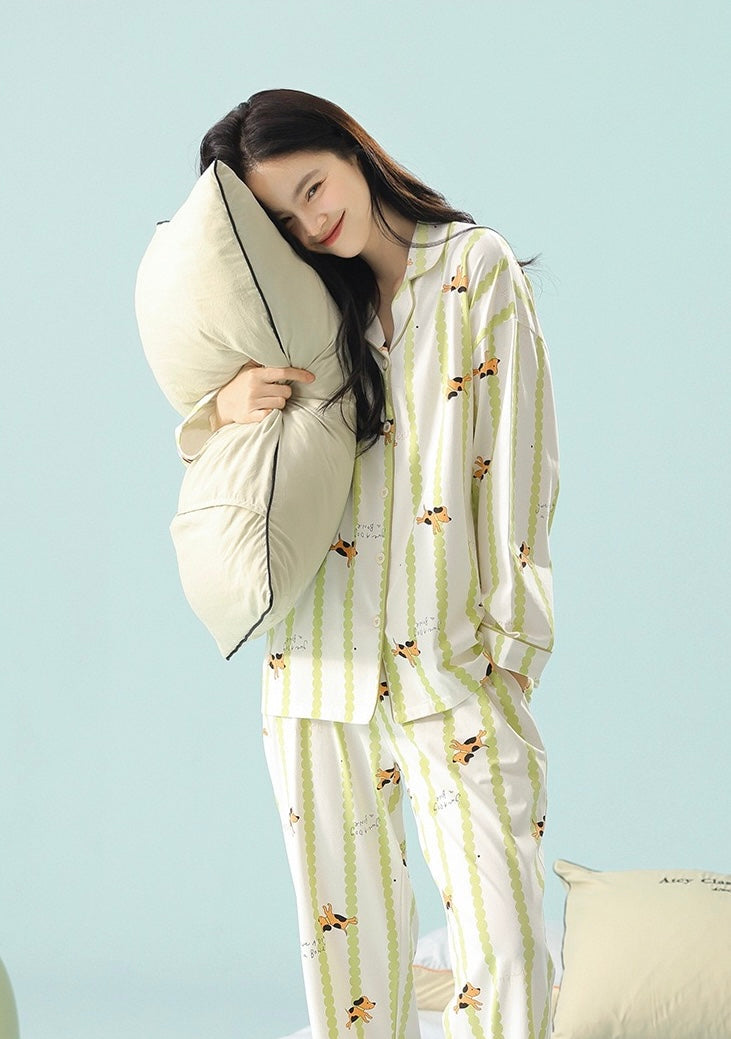 Green Striped Cotton Pajama Set – Cute Puppy Print Long Sleeve Sleepwear for Women