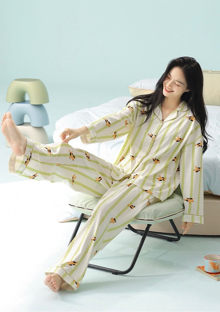 Green Striped Cotton Pajama Set – Cute Puppy Print Long Sleeve Sleepwear for Women