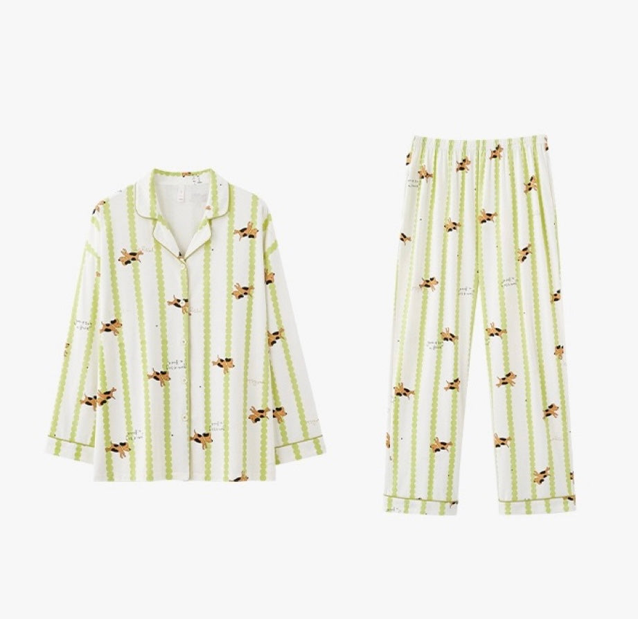 Green Striped Cotton Pajama Set – Cute Puppy Print Long Sleeve Sleepwear for Women