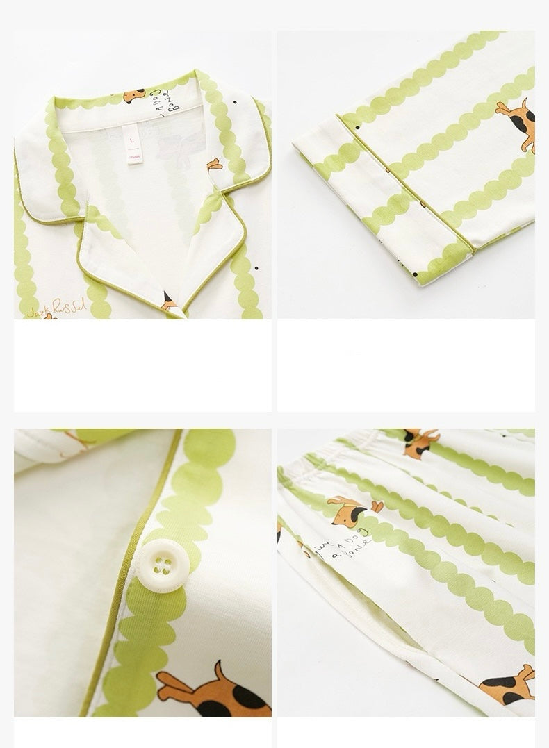 Green Striped Cotton Pajama Set – Cute Puppy Print Long Sleeve Sleepwear for Women