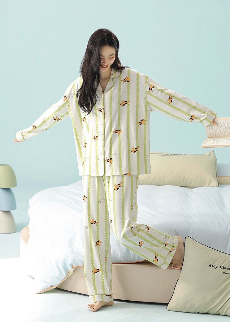 Green Striped Cotton Pajama Set – Cute Puppy Print Long Sleeve Sleepwear for Women