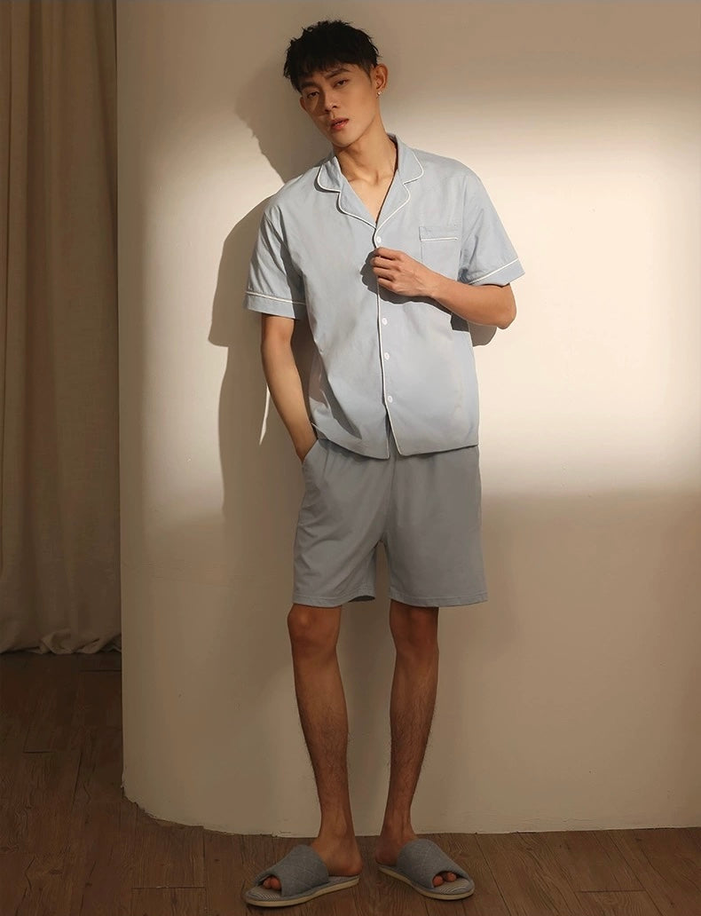 Baby Blue Men's Pajama Set, Pure Cotton PJ with Shirt-Style Top, Pocketed Shorts, Pajamas For trip