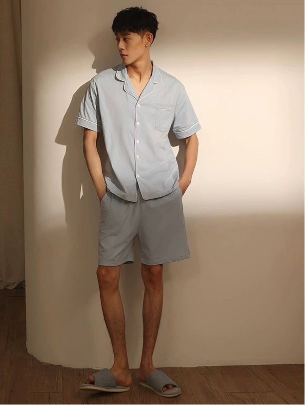 Baby Blue Men's Pajama Set, Pure Cotton PJ with Shirt-Style Top, Pocketed Shorts, Pajamas For trip