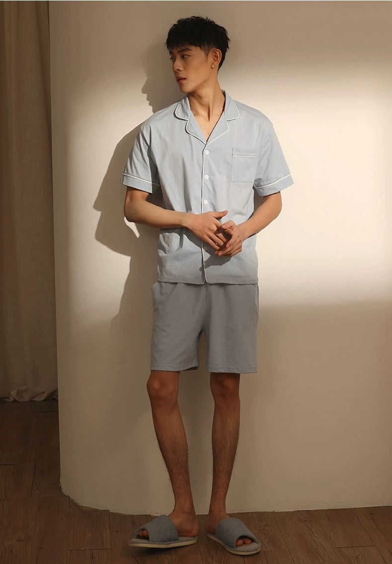 Baby Blue Men's Pajama Set, Pure Cotton PJ with Shirt-Style Top, Pocketed Shorts, Pajamas For trip