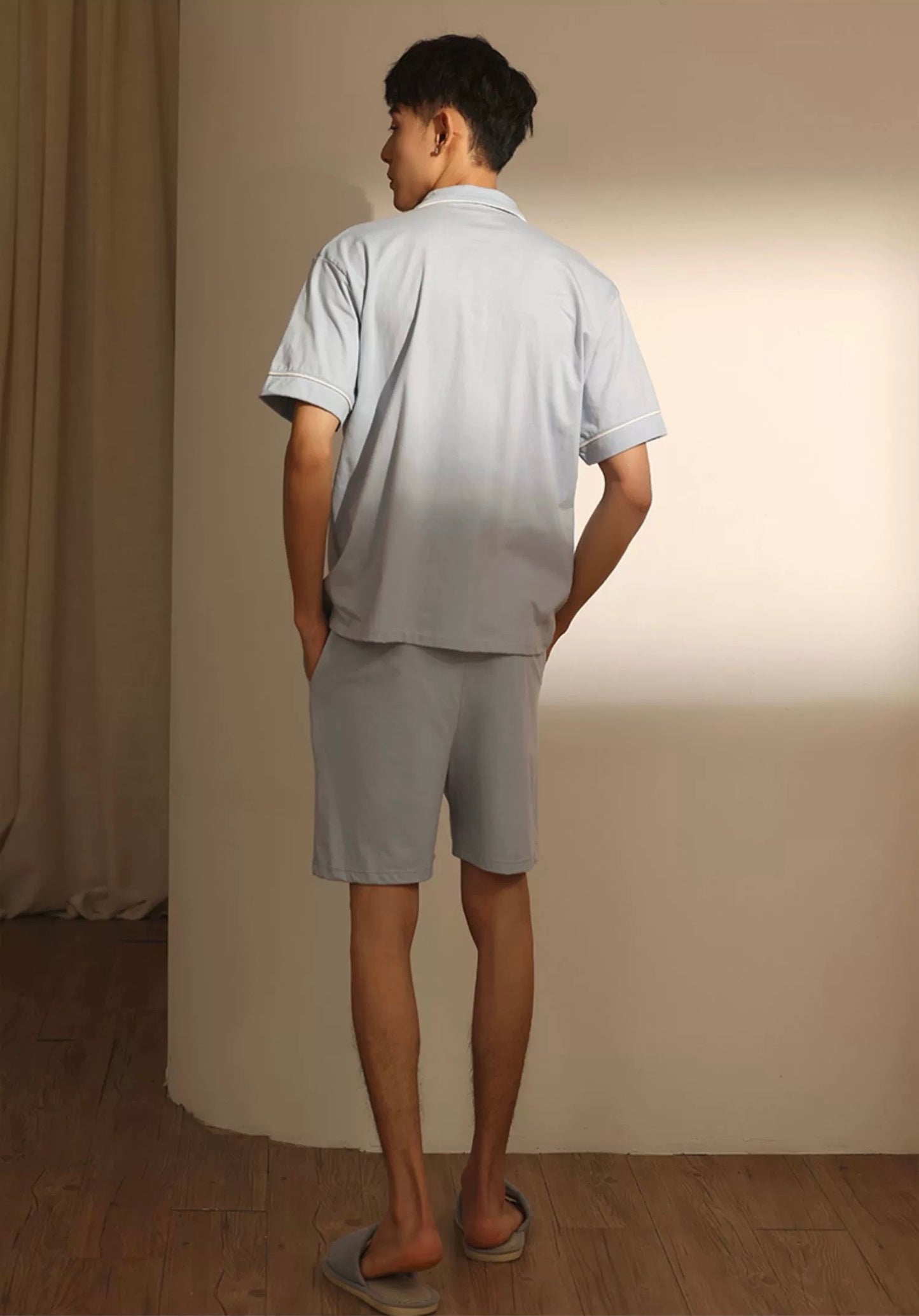 Baby Blue Men's Pajama Set, Pure Cotton PJ with Shirt-Style Top, Pocketed Shorts, Pajamas For trip