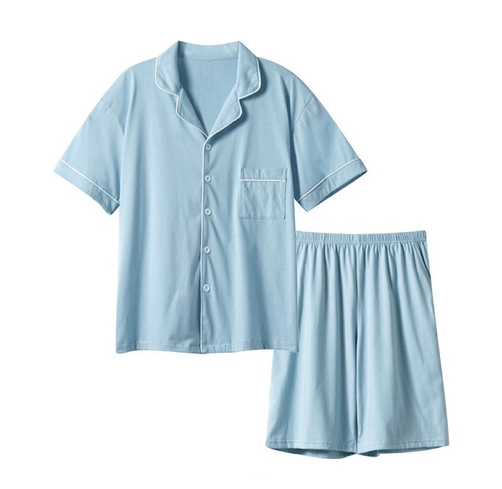 Baby Blue Men's Pajama Set, Pure Cotton PJ with Shirt-Style Top, Pocketed Shorts, Pajamas For trip