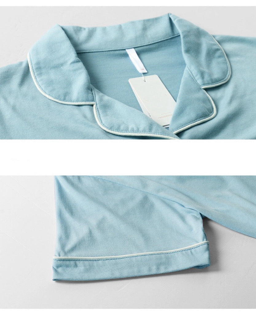 Baby Blue Men's Pajama Set, Pure Cotton PJ with Shirt-Style Top, Pocketed Shorts, Pajamas For trip