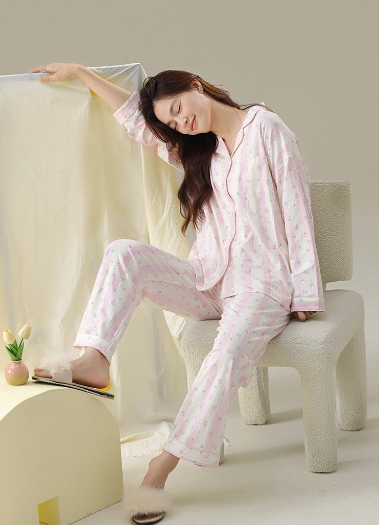 Cotton Pajamas Set – Pink Floral Women’s Loungewear, Cozy Spring Sleepwear