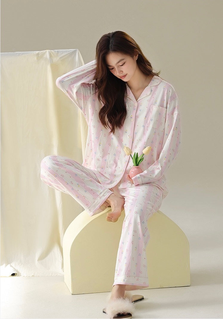 Cotton Pajamas Set – Pink Floral Women’s Loungewear, Cozy Spring Sleepwear