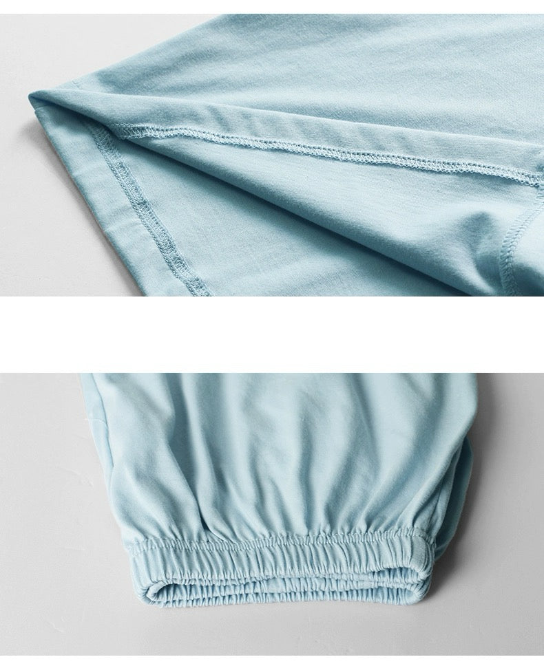 Baby Blue Men's Pajama Set, Pure Cotton PJ with Shirt-Style Top, Pocketed Shorts, Pajamas For trip