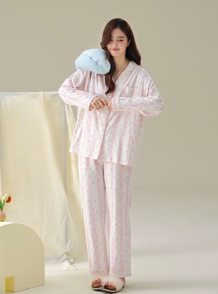 Cotton Pajamas Set – Pink Floral Women’s Loungewear, Cozy Spring Sleepwear