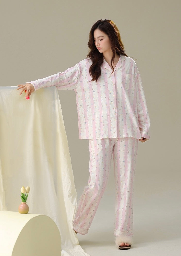 Cotton Pajamas Set – Pink Floral Women’s Loungewear, Cozy Spring Sleepwear