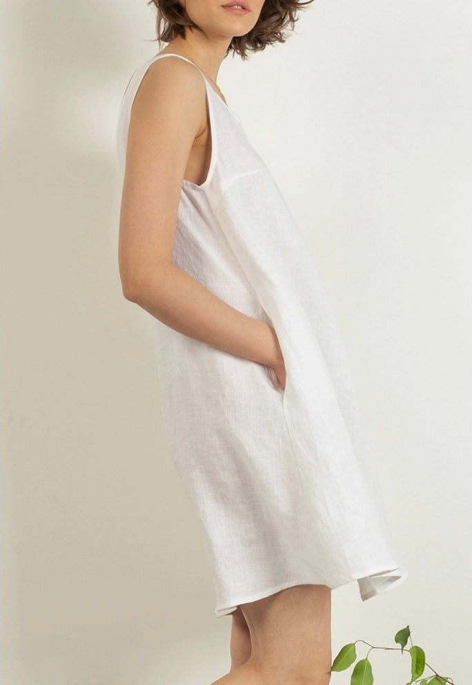 Handmade 100% Linen White Summer Dress – Minimalist Sleeveless A-Line