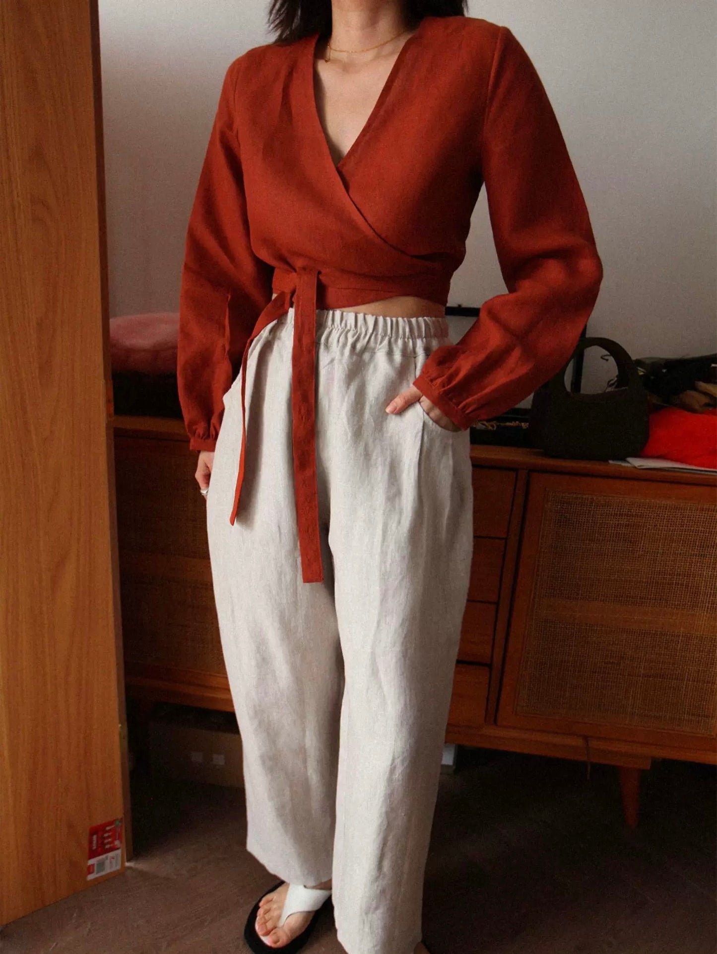 Custom Linen Wrap Blouse – Long Sleeve V-Neck, Made to Order
