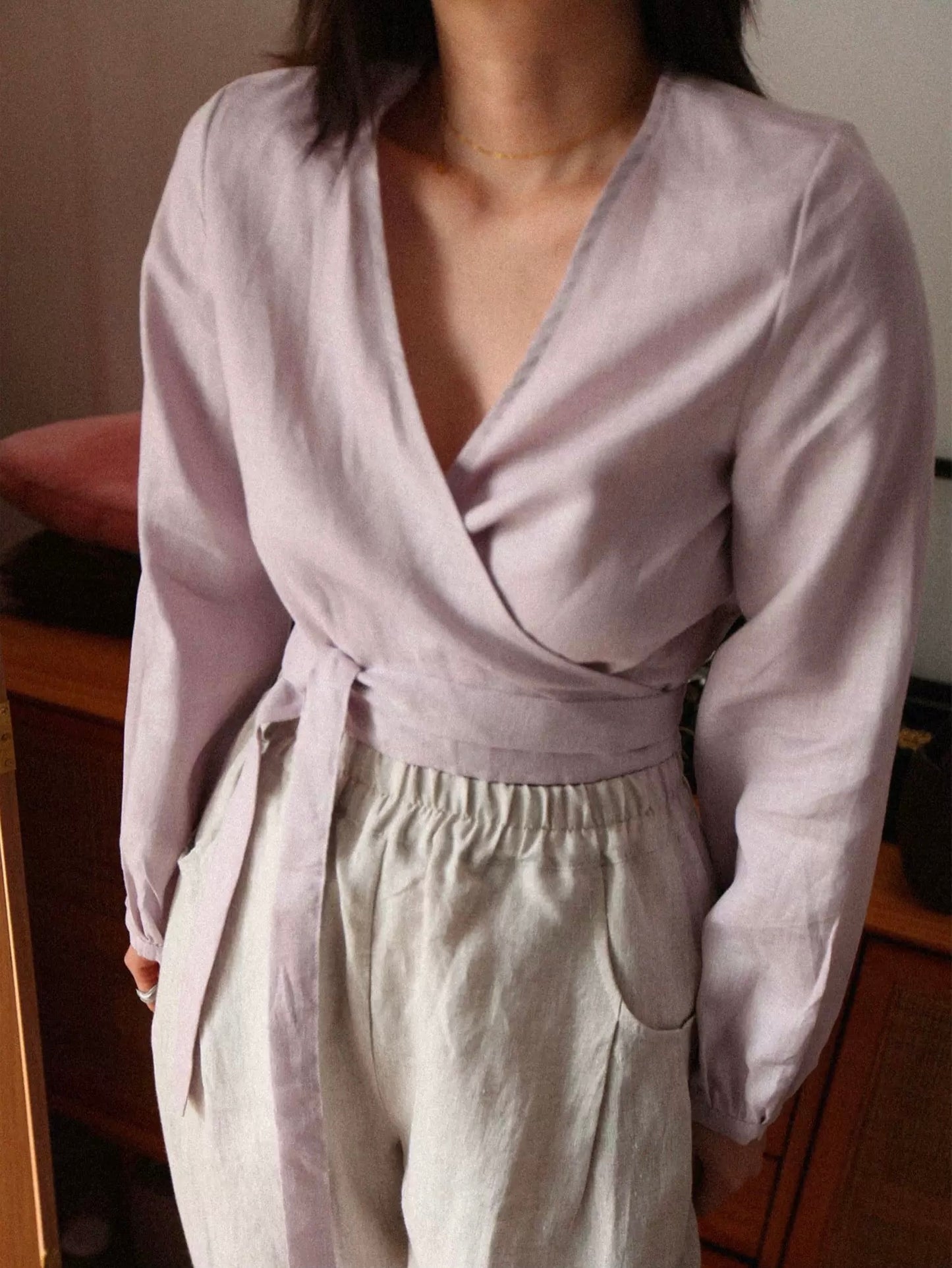Custom Linen Wrap Blouse – Long Sleeve V-Neck, Made to Order