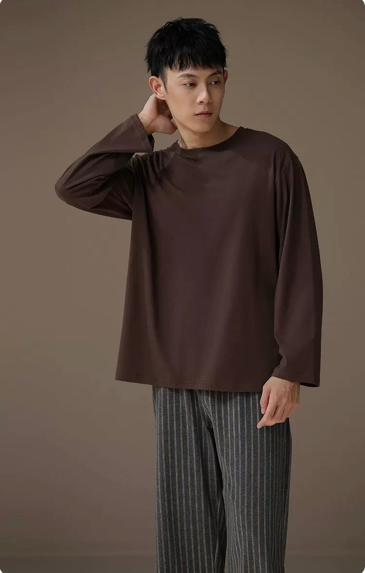 Men’s Cozy Cotton Lounge Set – Long Sleeve Top & Striped Pants Pajamas