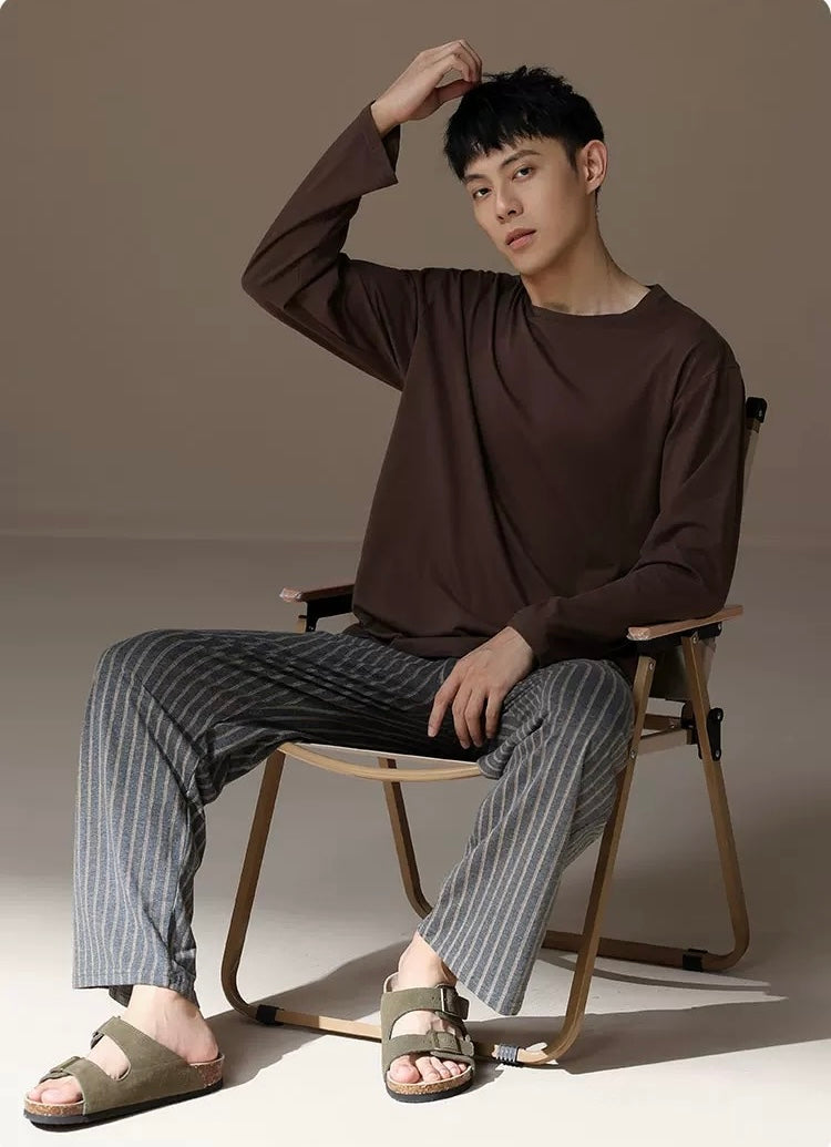 Men’s Cozy Cotton Lounge Set – Long Sleeve Top & Striped Pants Pajamas