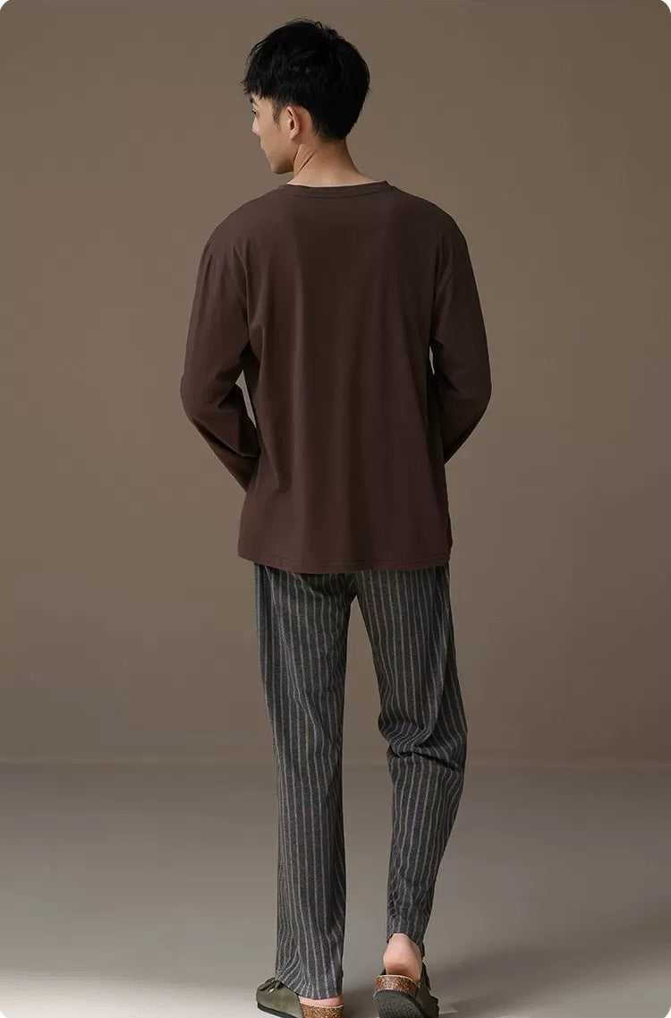 Men’s Cozy Cotton Lounge Set – Long Sleeve Top & Striped Pants Pajamas