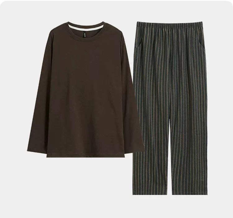 Men’s Cozy Cotton Lounge Set – Long Sleeve Top & Striped Pants Pajamas