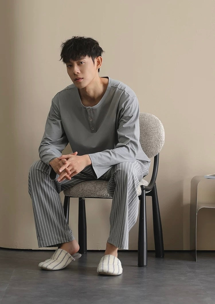 Men’s Cotton Lounge Pajamas Set – Grey Blue Striped Long Sleeve Sleepwear