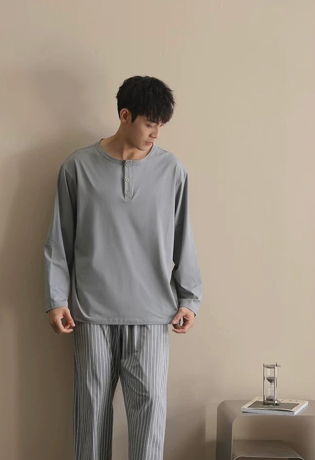 Men’s Cotton Lounge Pajamas Set – Grey Blue Striped Long Sleeve Sleepwear