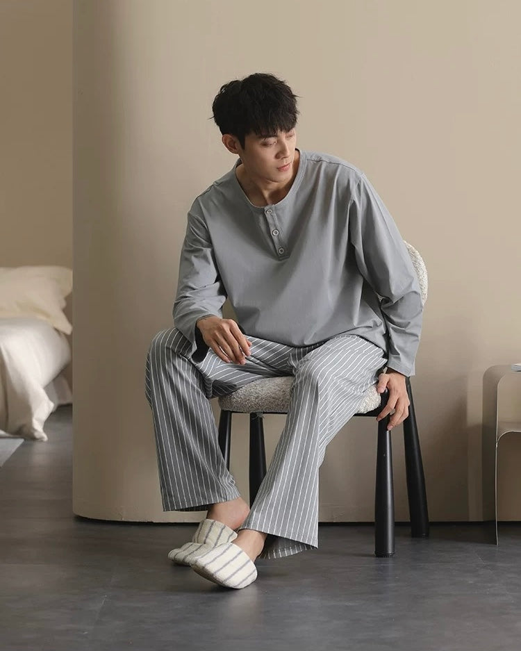 Men’s Cotton Lounge Pajamas Set – Grey Blue Striped Long Sleeve Sleepwear