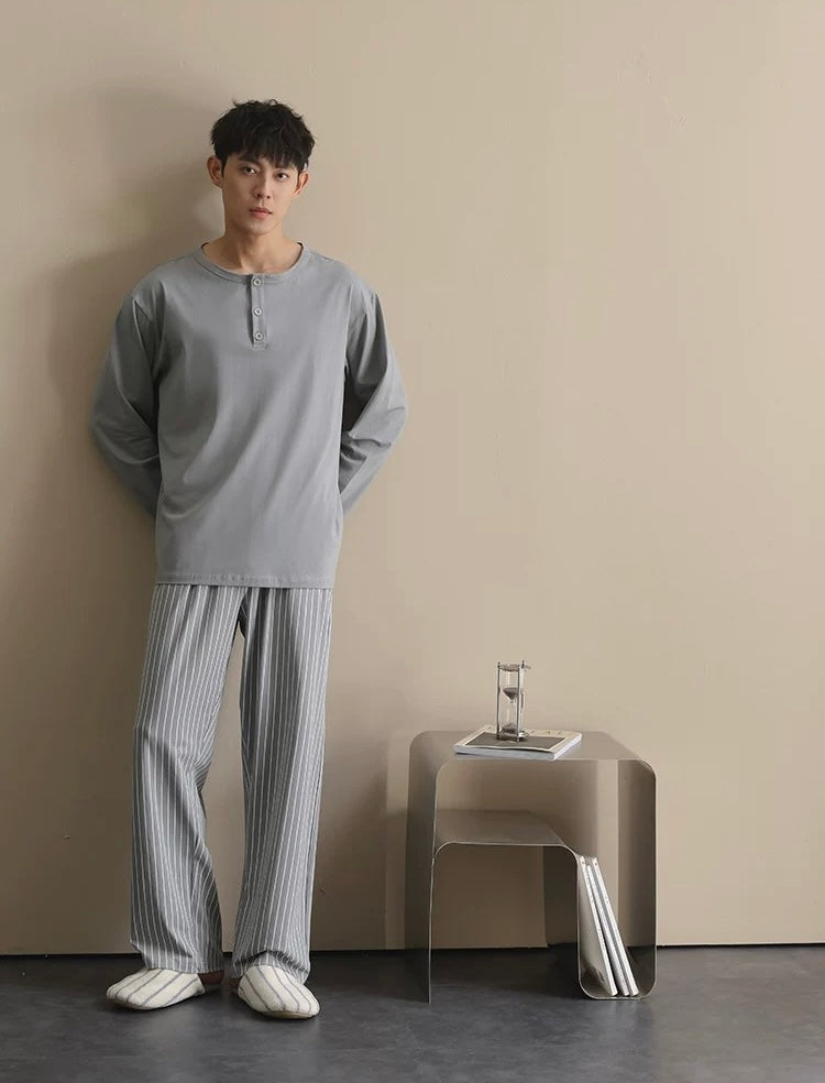 Men’s Cotton Lounge Pajamas Set – Grey Blue Striped Long Sleeve Sleepwear