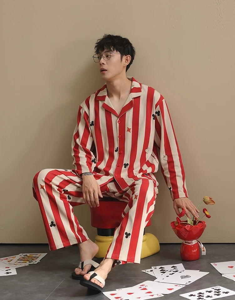 Men’s Red Stripe Poker Pajama Set – Cotton Button Down Sleepwear