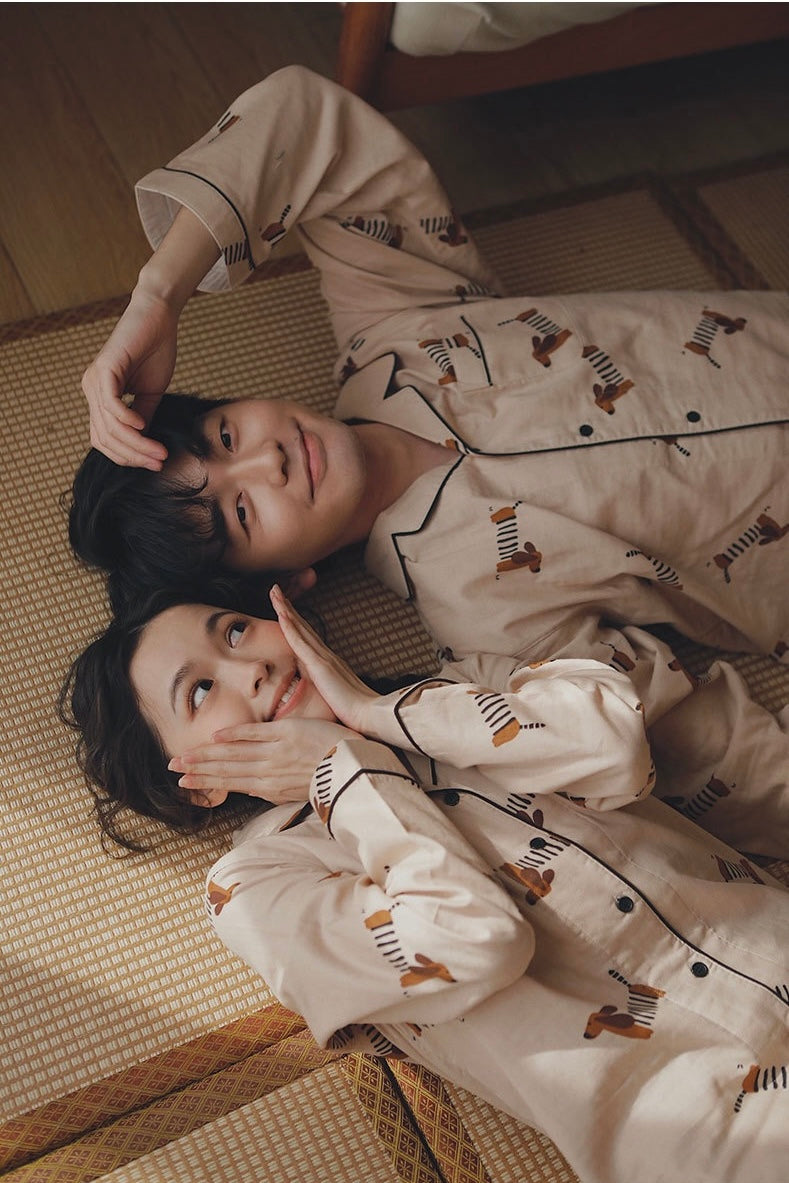 Cotton Couple Pajama Set with Dachshund Print – Matching Long Sleeve Sleepwear