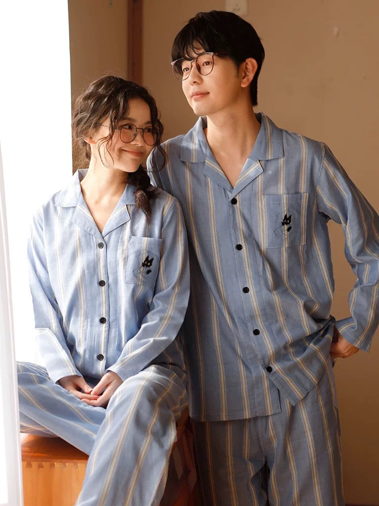 Blue Striped Cotton Couple Pajamas – Embroidered Cat Pocket Loungewear