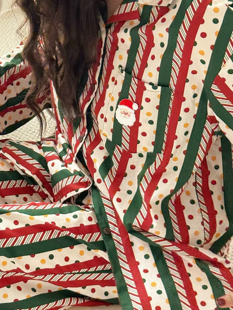 Unsex Christmas Pajama Set – Red Green Striped Santa Print Sleepwear