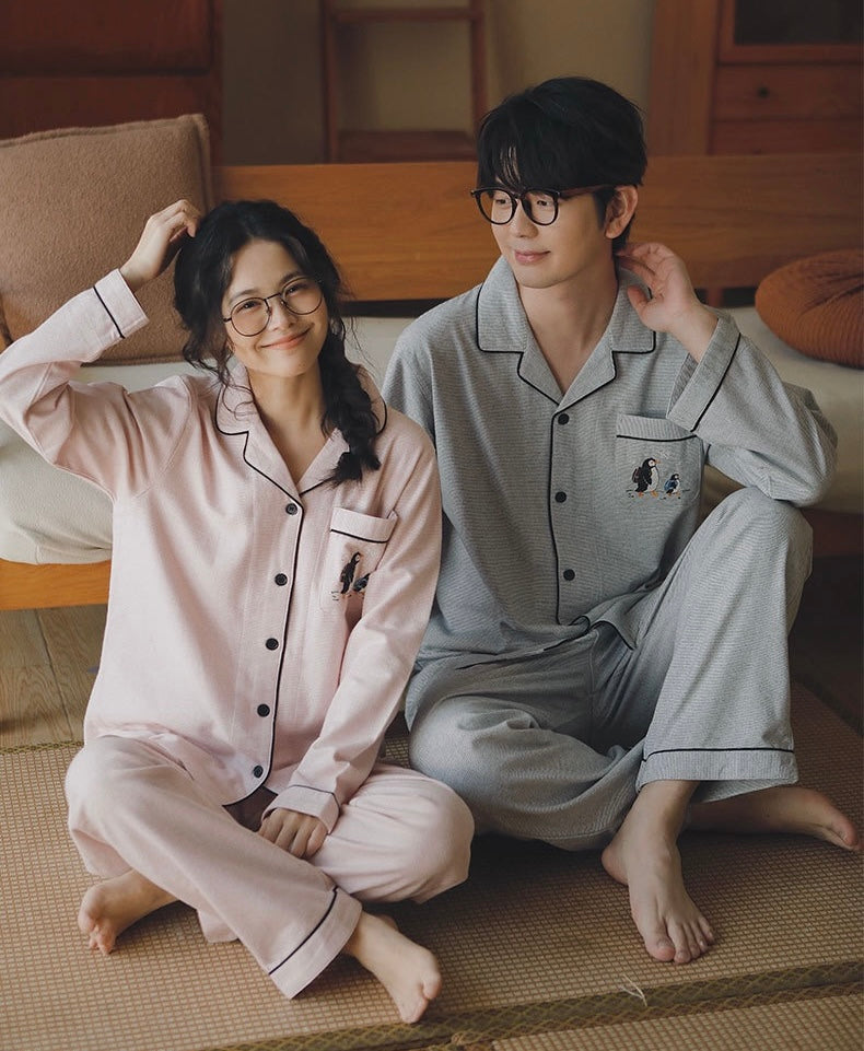 Couple Pajamas Set Winter Cotton | Cozy Penguin Embroidery Sleepwear