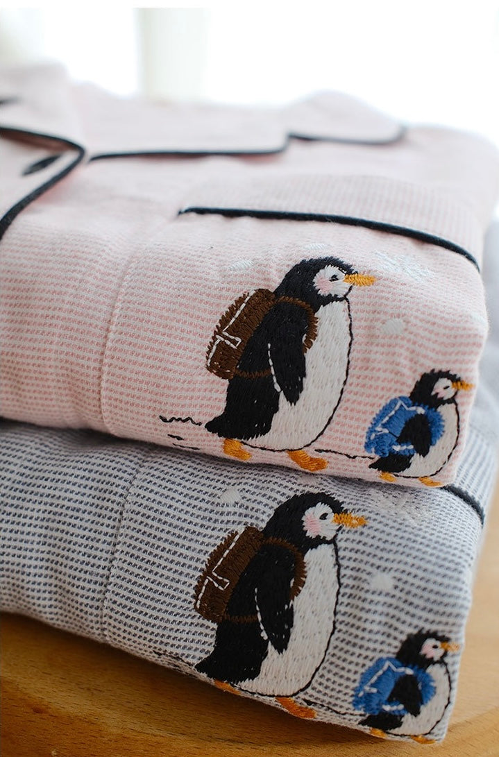 Couple Pajamas Set Winter Cotton | Cozy Penguin Embroidery Sleepwear