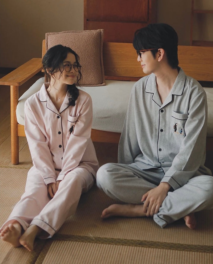 Couple Pajamas Set Winter Cotton | Cozy Penguin Embroidery Sleepwear