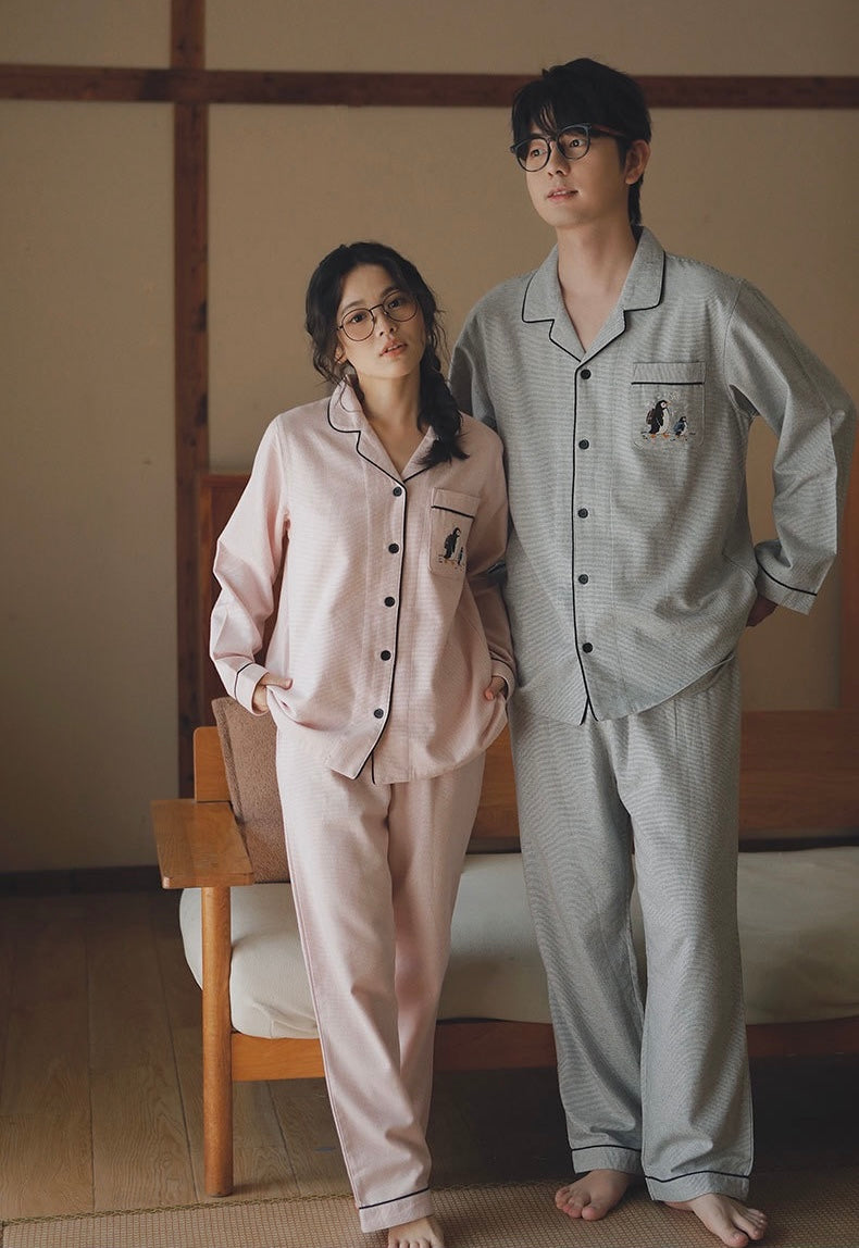 Couple Pajamas Set Winter Cotton | Cozy Penguin Embroidery Sleepwear
