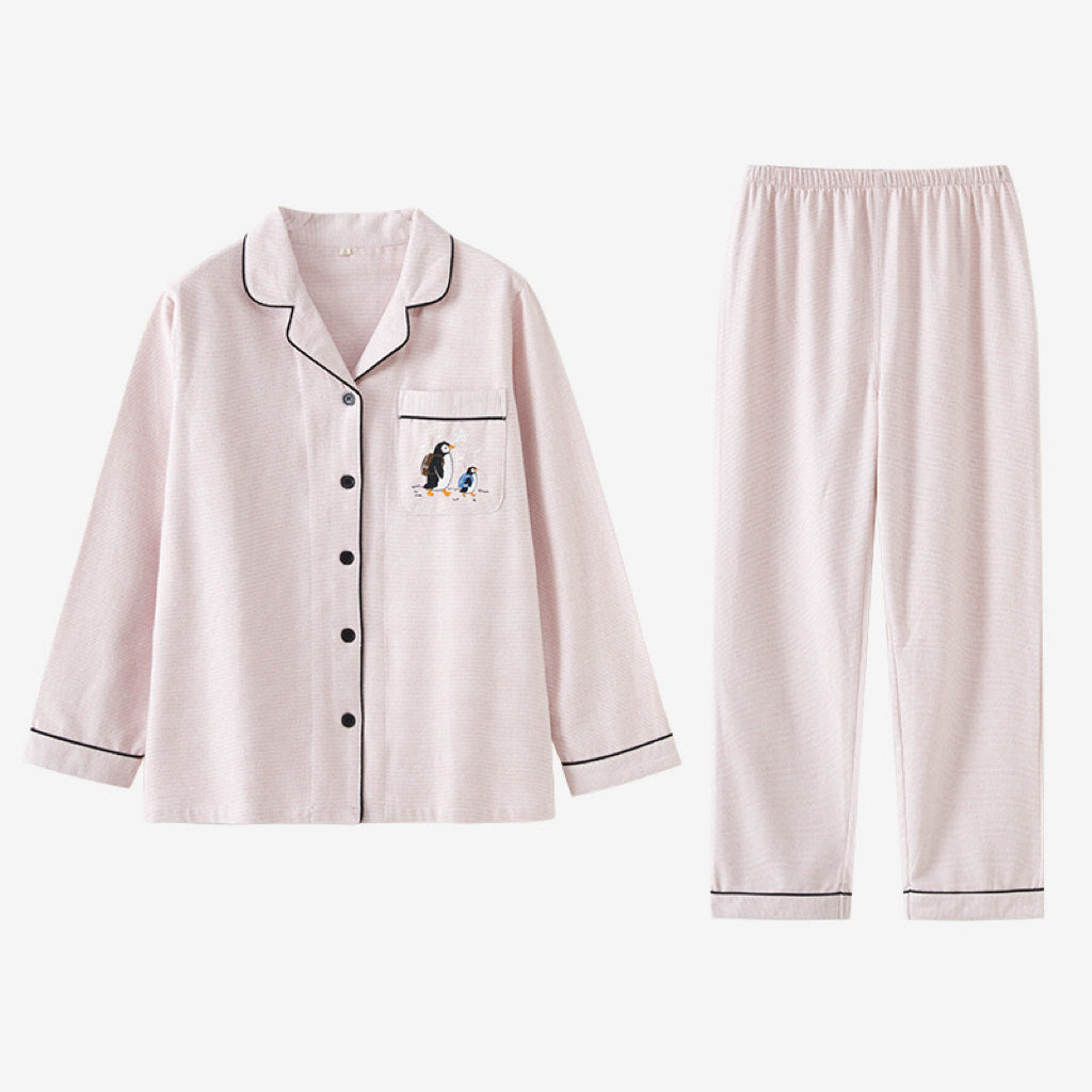 Couple Pajamas Set Winter Cotton | Cozy Penguin Embroidery Sleepwear
