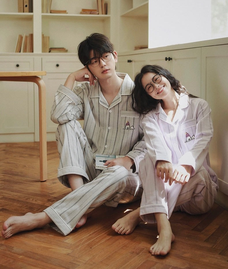 Couples Flannel Pajama Set – Striped Cotton Sleepwear with Embroidery