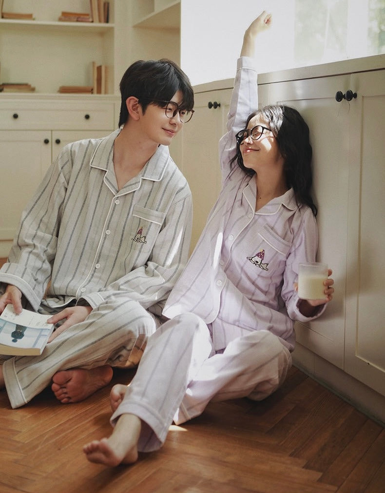 Couples Flannel Pajama Set – Striped Cotton Sleepwear with Embroidery