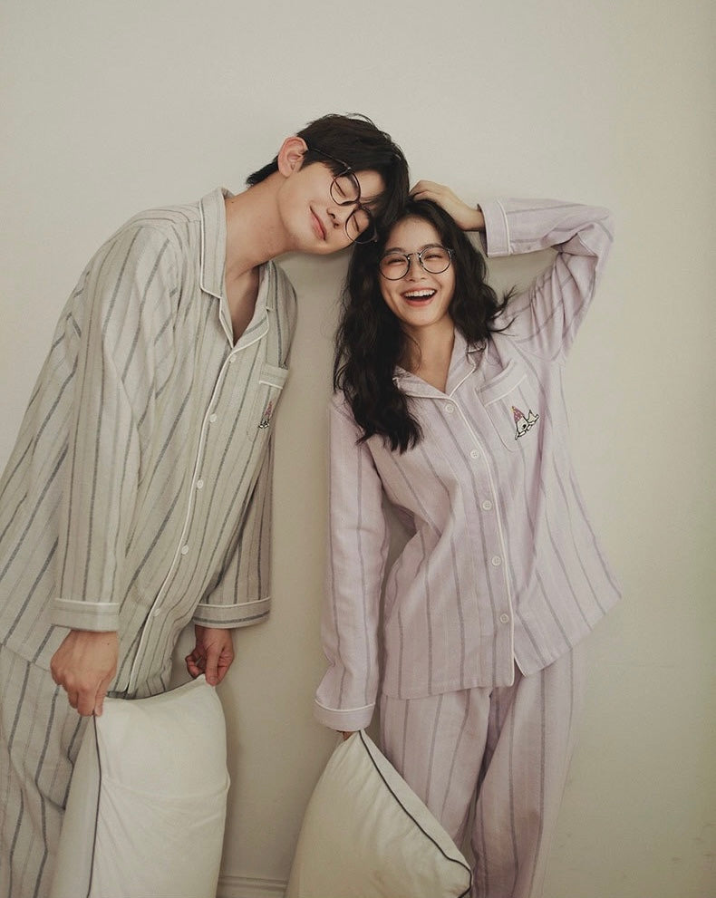 Couples Flannel Pajama Set – Striped Cotton Sleepwear with Embroidery