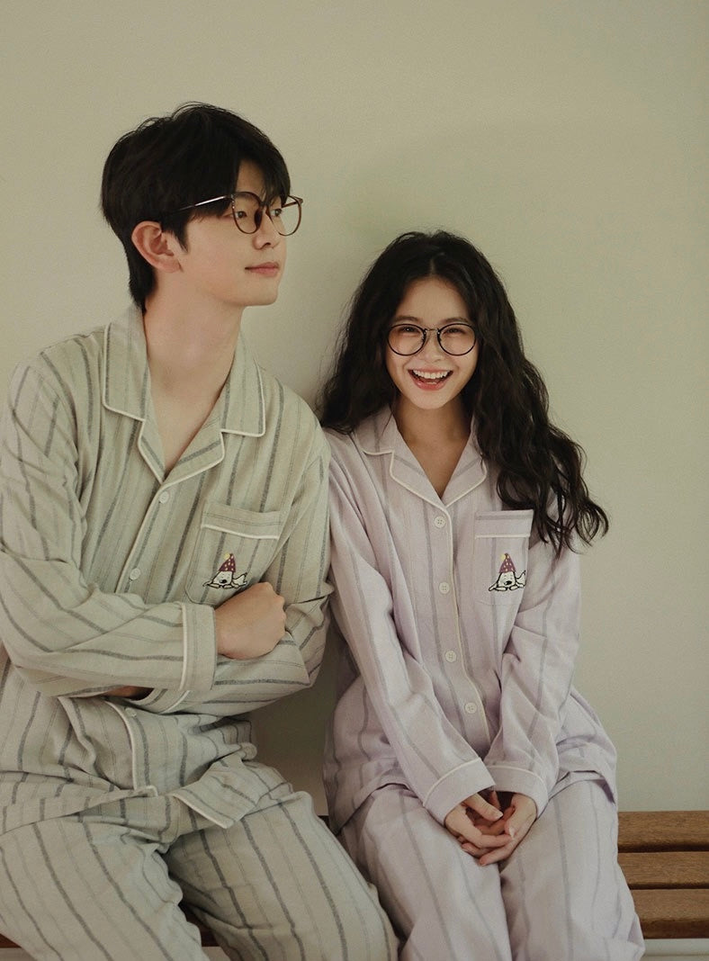 Couples Flannel Pajama Set – Striped Cotton Sleepwear with Embroidery