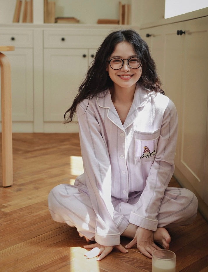 Couples Flannel Pajama Set – Striped Cotton Sleepwear with Embroidery