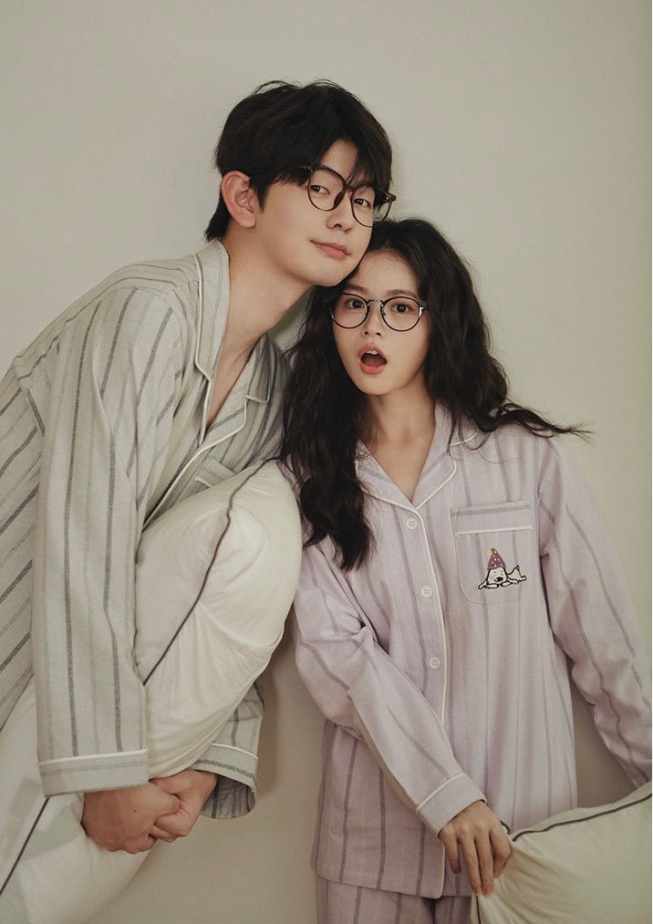 Couples Flannel Pajama Set – Striped Cotton Sleepwear with Embroidery
