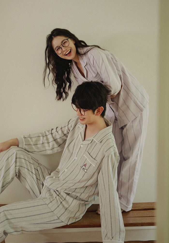 Couples Flannel Pajama Set – Striped Cotton Sleepwear with Embroidery